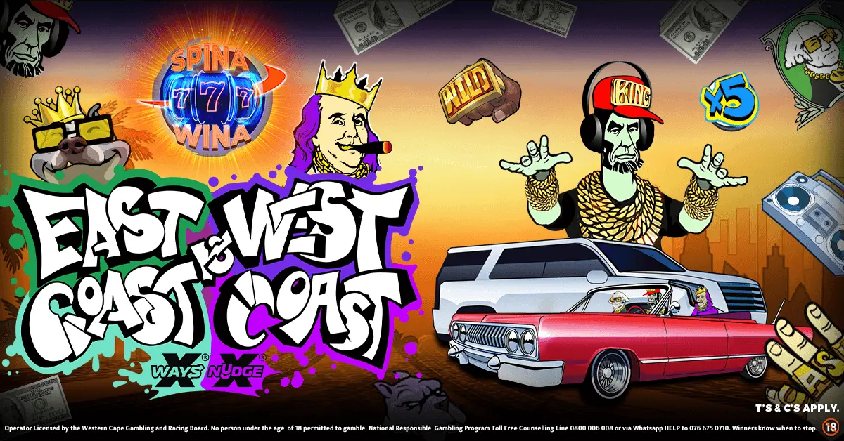 East Coast vs West Coast pokie by Nolimit City — dual grid rap rivalry reels